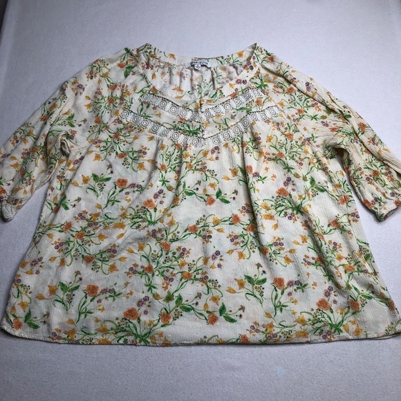 Rose + Olive 1X Top Lace Yoke Detail Boho Peasant Pullover Blouse - Picture 1 of 9